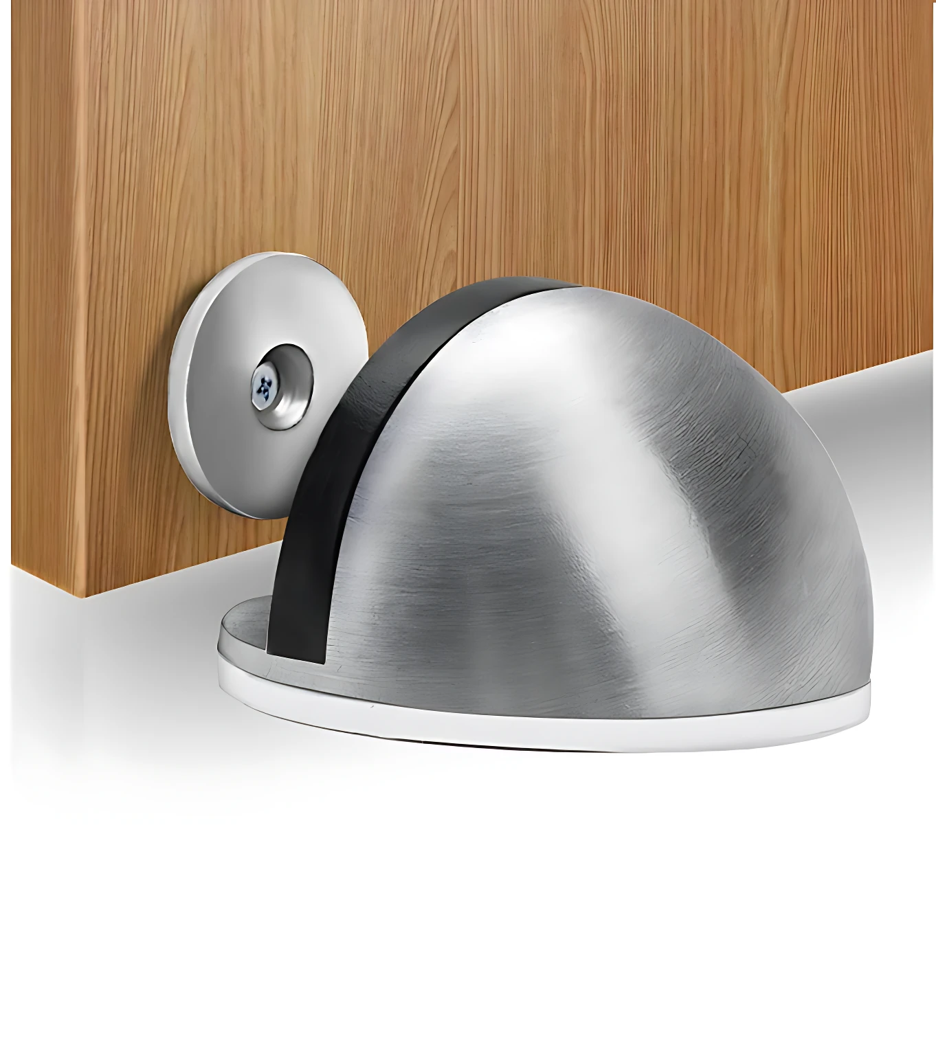 Tope de puerta magnético adhesivo plateado y negro, protege paredes y puertas, estilo moderno.