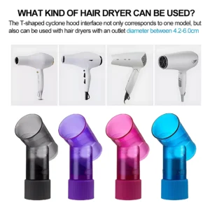 Difusores de secador de pelo en negro, morado, rosa y azul, ideales para rizos definidos.