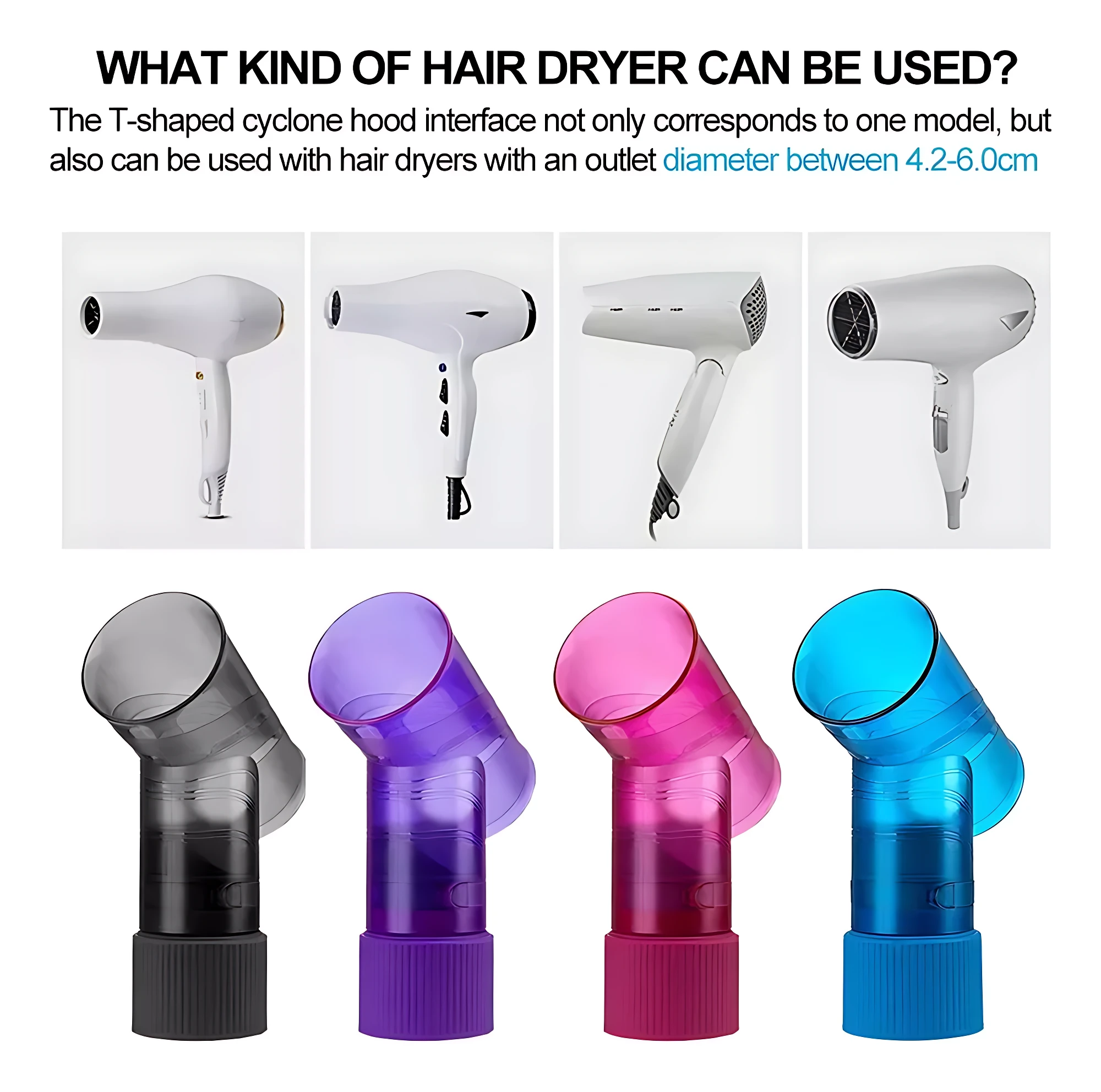 Difusores de secador de pelo en negro, morado, rosa y azul, ideales para rizos definidos.