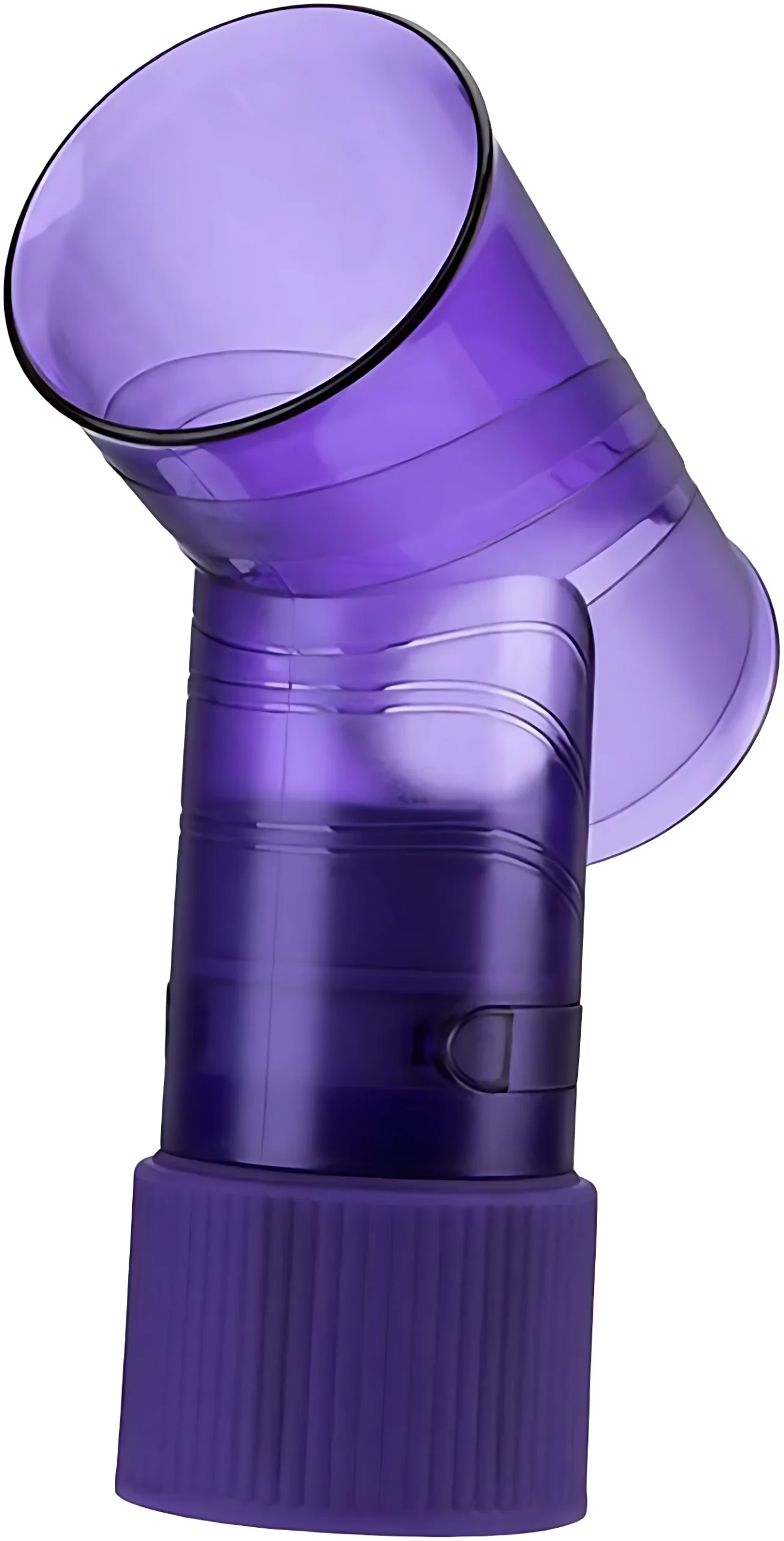 Tubo difusor para secador de cabello, morado translúcido, diseño acodado para rizos definidos.
