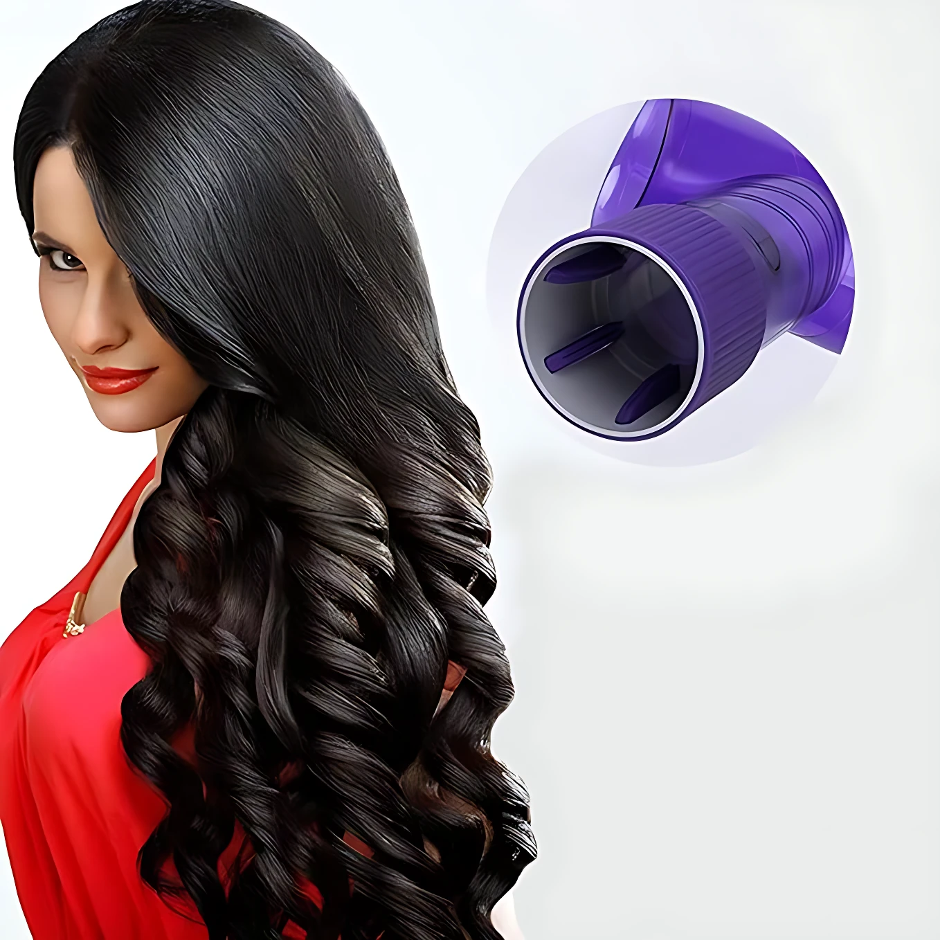 Tubo difusor morado para secador, ideal para crear rizos y ondas definidos en cabello oscuro.