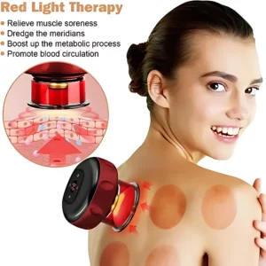 Copa de vacumterapia eléctrica recargable V-82 roja con luz roja, alivia tensión muscular y mejora circulación en la espalda.